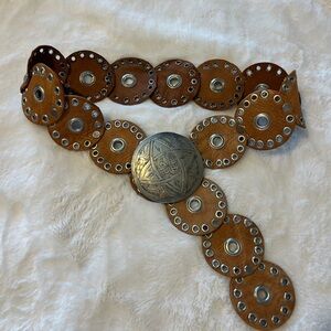 Vintage Brown Leather Circle Belt with Silver Accents